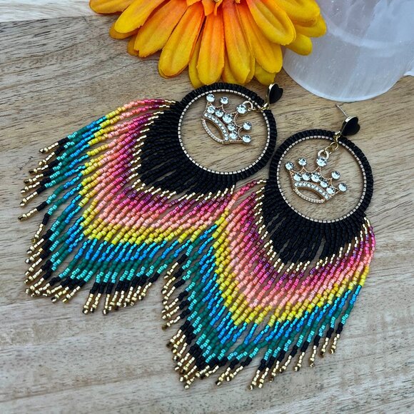 Handmade Beaded Queen Long Fringe Dangle Drop Lightweight Post Hoop Earrings - Picture 5 of 9